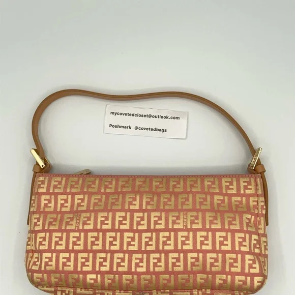 Fendi Jaquard Zucchino Baguette Pink and Gold Shoulder Bag w/Dust Bag and COA - Picture 2 of 16